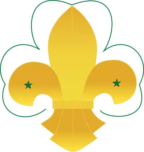 Una flor de lis colocada sobre un trébol, con los colores originales del Escultismo elegidos por Lord Baden-Powell. ©Time3000, Wikimedia Commons