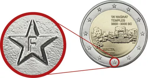Moneda conmemorativa de Malta 2019, Templos de Ta’ Ħaġrat, con la letra «F» en la estrella. Fuente: Numista Moneda conmemorativa de Malta 2019, Templos de Ta’ Ħaġrat, con la letra «F» en la estrella. Fuente: Numista